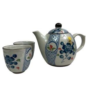 Japanese Ceramic Tea Set Teapot with Infuser 2 Cups Blue Gray Floral Design